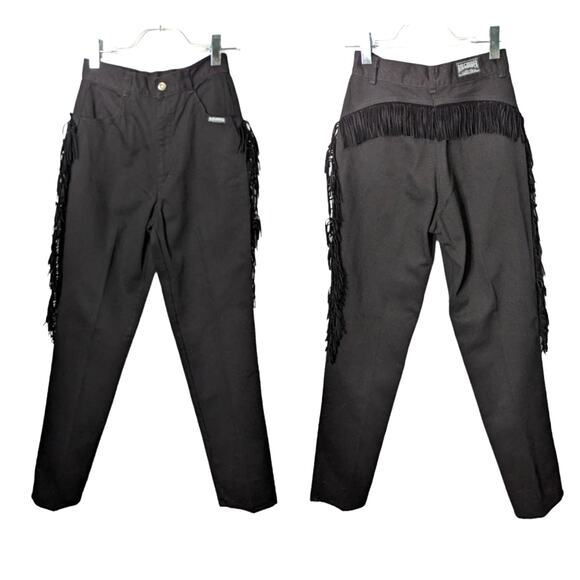Vintage Roughriders by Circle T Black Jeans High Rise Velvet Fringe 28" Waist - Picture 2 of 11